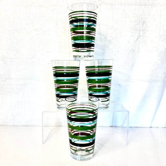Libbey Fiesta Mambo Rainbow Striped Green 16 oz Glasses Tumblers Set of 4 - Picture 2 of 6